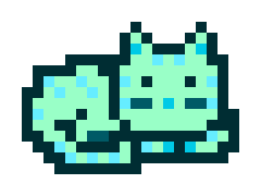 A pixel art illustration of a light green creature with a long curled tail, large ears, and a cat-like face on a white background.
