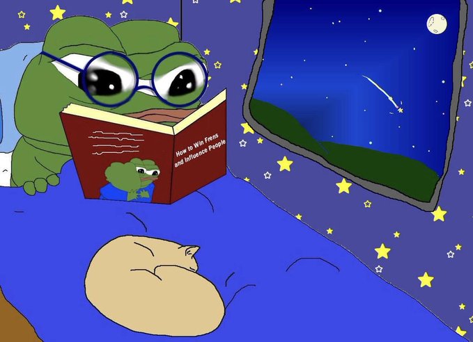 A cartoon illustration shows a green frog with glasses reading a book titled 'How to Win Friends and Influence People' in bed under a starry night sky, with a sleeping cat nearby.