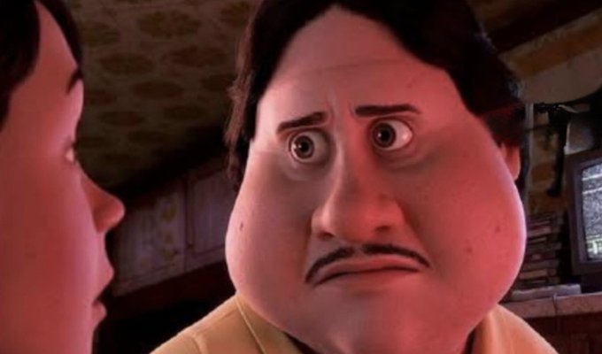An animated character with wide eyes and a deflated-looking face stares nervously at someone off-screen, perfectly capturing the husband's anxious reaction to his wife's sharp comeback about investing in meme coins instead of finding real employment.