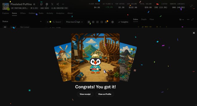 A screenshot of an NFT marketplace showing a successful purchase of "Pixelated Puffins" with the message "Congrats! You got it!" above buttons to view receipt or profile.