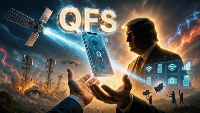 A dramatic digital illustration shows a satellite beaming energy toward a smartphone labeled "QFS" held in a hand, with a shadowy suited figure, cell towers, and icons representing connectivity and surveillance against a stormy sky.

The image visually reinforces the post's claim about an impending financial shift, using the "QFS" (Quantum Financial System) label and surveillance imagery to suggest a technological overhaul replacing the traditional banking system.