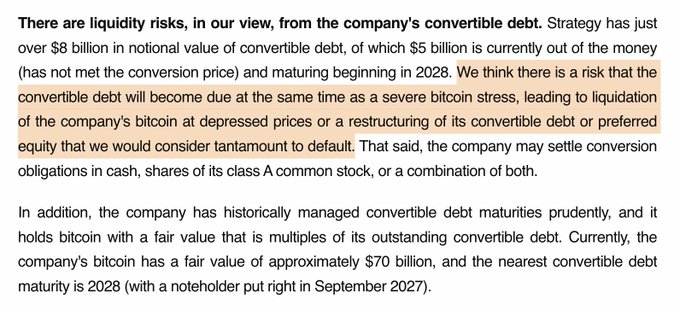 "There are liquidity risks, which means that there could be difficulty accessing cash or payments when a company wants them," reads the first line of an image caption about Bitcoin trading. The second line says "especially forced Bitcoin sales at depressed prices during stress." These sentences highlight how Bitcoin exchanges deal with liquidity challenges due to fluctuations in price and demand.