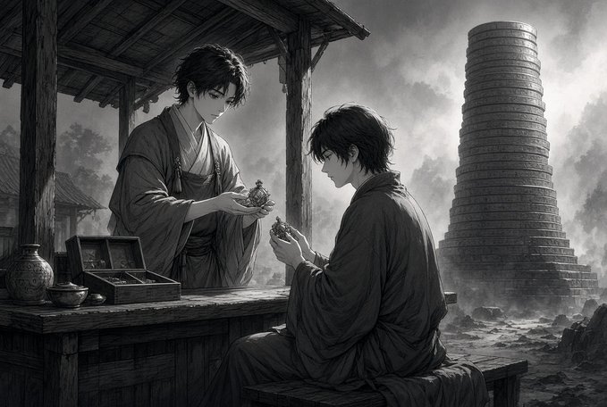 A black-and-white anime-style illustration showing two figures in traditional Japanese robes exchanging small items at a wooden counter, with a large multi-tiered tower looming in the misty background.