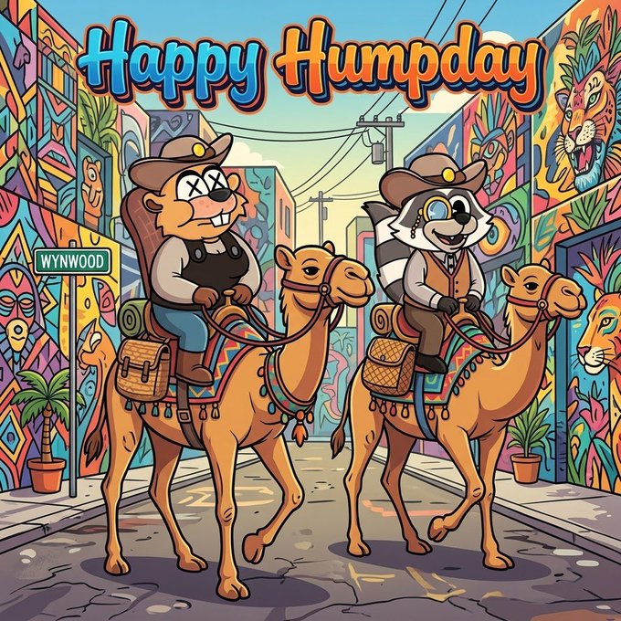 A colorful, cartoonish illustration with the large text 'Happy Humpday' at the top, depicting two anthropomorphic animals wearing cowboy hats and glasses riding camels down a graffiti-lined street labeled 'WYNWOOD'.