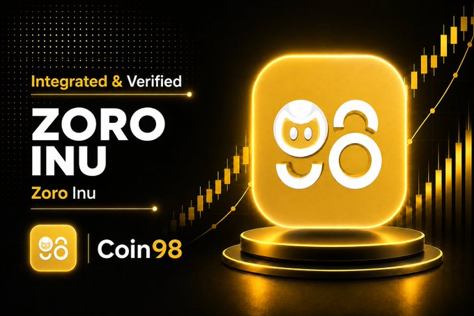 An advertisement for 'ZORO INU' showing a golden coin/token with a dog face and '96' logo, labeled 'Integrated & Verified' with the Coin98 branding, set against a candlestick chart background.