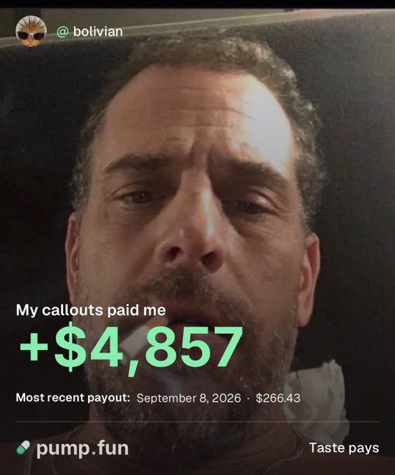 A man with a beard smokes a cigar in a dark setting, overlaid with text reading "My callouts paid me +$4,857" and a Pump.fun logo showing a recent payout of $266.43 on September 8, 2026, with the tagline "Taste pays"—visually promoting the poster's claim of earning over $4,800 in four weeks from sharing trades on Pump.fun.