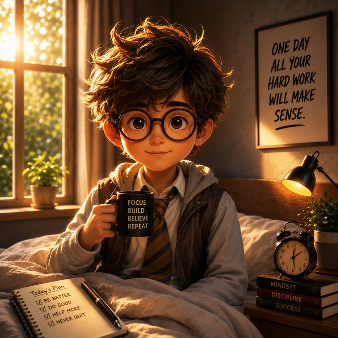 A young boy with messy hair and round glasses sits on a bed holding a mug that reads "FOCUS BUILD BELIEVE REPEAT," with a poster stating "ONE DAY ALL YOUR HARD WORK WILL MAKE SENSE," a notepad labeled "Today's Plan" listing tasks like "BE BETTER" and "NEVER QUIT," and books titled "MINDSET," "DISCIPLINE," and "SUCCESS" beside an alarm clock. The image ties to the post's motivational weekend vibe, reinforcing themes of dedication and grind associated with crypto influencer Ansem's "CT" (crypto Twitter) culture of hustle and belief in long-term success.