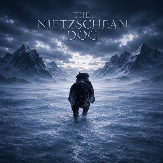 A dark, atmospheric book or album cover titled 'THE NIETZSCHEAN DOG' showing a black dog standing in icy waters between snowy mountain peaks under a stormy sky.