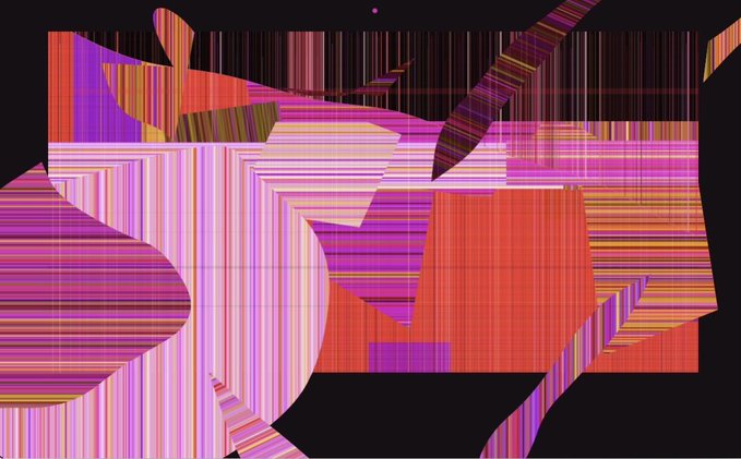 An abstract digital artwork with striped patterns in pink, orange, and black colors creating geometric shapes on a dark background.
