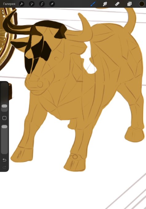 A screenshot of a digital drawing app (interface in Russian, 'Галерея' visible) showing an in-progress illustration of a geometric, low-poly style bull in tan/brown colors.