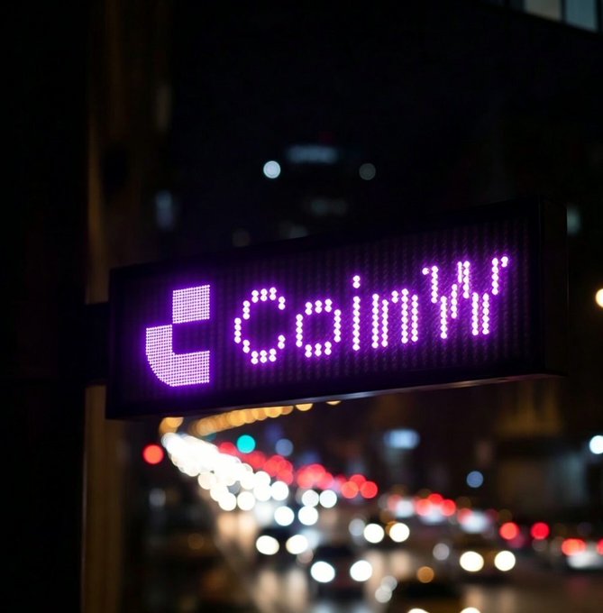 A glowing purple Twitter notification sign displaying "@CoinW..." hangs above a city street at night, matching the post's late-night theme as the crypto exchange account reaches out to users about their trading performance.