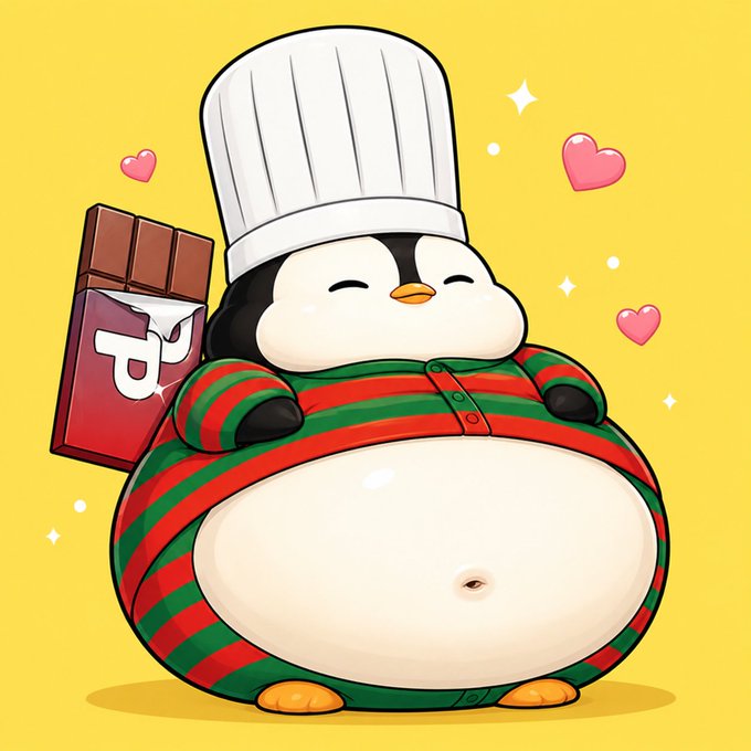 A cute cartoon illustration of a chubby penguin wearing a white chef's hat and a green and red striped shirt, holding a chocolate bar, with pink hearts floating around it on a yellow background.