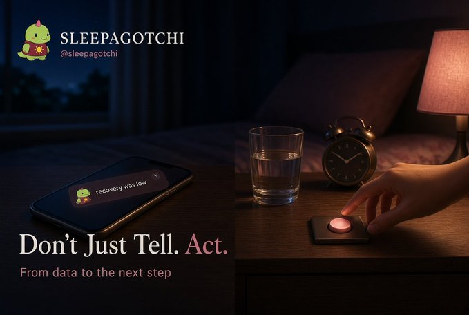 A promotional graphic for 'SLEEPAGOTCHI' (@sleepagotchi) showing a dark bedroom scene with a phone displaying 'recovery was low', a glass of water, an alarm clock, and a hand pressing a button, with the tagline 'Don't Just Tell. Act. From data to the next step'.