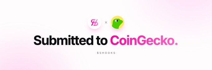 A minimalist announcement graphic reading "Submitted to CoinGecko." with "SSHOOKS" underneath, featuring two small logo icons at the top on a light pink background.