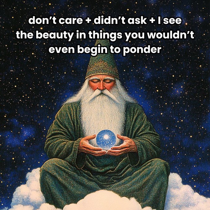 A mystical wizard with a long white beard sitting cross-legged on clouds in space, holding a glowing blue orb, with text reading 'don't care + didn't ask + I see the beauty in things you wouldn't even begin to ponder.'