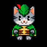 A pixel art illustration of a gray cat dressed as a green elf with a pointed hat and tunic.