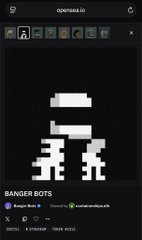 A screenshot from the Decentraland platform displaying a user profile for 'r00tedao.eth' featuring a pixelated, monochrome 8-bit style avatar listed under 'BANGER BOTS'.