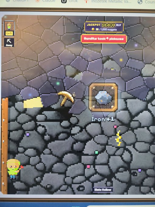A screenshot of a mobile mining game showing a character digging on a rocky surface with a 'JACKPOT 12,800 XLV' display and 'Bandits took 4 pickaxes' notification.