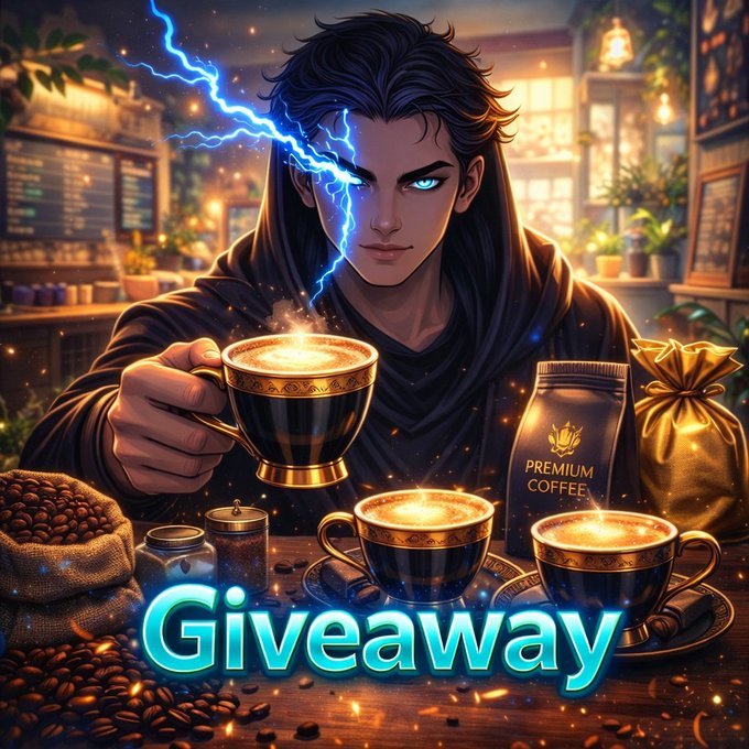 A dark-haired man with glowing blue lightning for one eye holds out an ornate cup of coffee in a cozy café setting, with a "PREMIUM COFFEE" bag and the word **"Giveaway"** displayed prominently below. The image directly illustrates the post's prize, visually announcing a coffee-themed giveaway where participants retweet, like, and submit their $SOL wallets to enter.