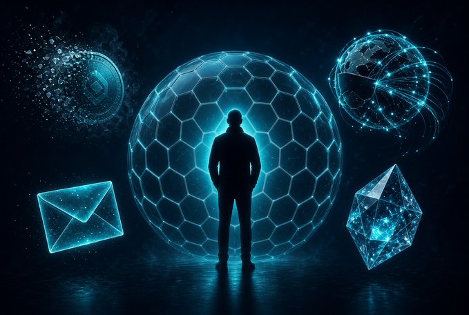 A digital illustration of a silhouetted man standing before a glowing blue hexagonal sphere, surrounded by floating technological symbols including an envelope, a geometric crystal, a network globe, and a disintegrating coin.