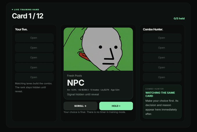A dark-themed digital interface displaying a 'LIVE TRAINING HAND' screen labeled 'Card 1/12', featuring a cartoon 'Fresh Pools NPC' character with options to 'SCROLL' or 'HOLD', plus 'Your five' and 'Combo Hunter' sections.