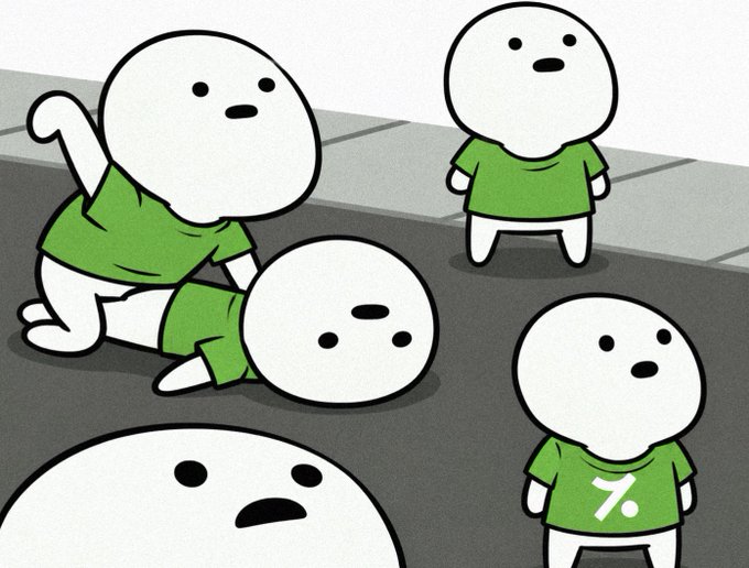 A cartoon-style illustration shows several round, white characters in green shirts, with one character on the ground appearing to have just fallen while others stand around, and one shirt displaying "7." The scene humorously reflects a "we're back" moment, suggesting an awkward or clumsy return to activity, as if the group has rejoined after a stumble.