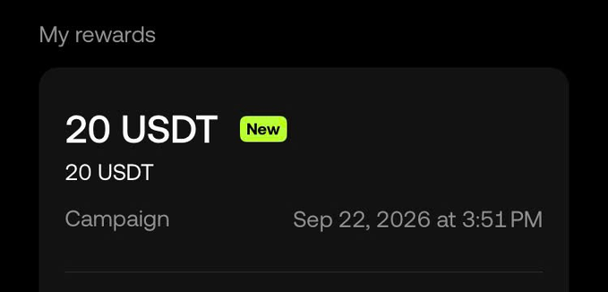 Screenshot of a rewards notification showing '20 USDT New' from a Campaign dated Sep 22, 2026 at 3:51 PM.