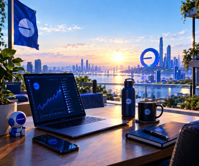 A stylized scene featuring a laptop displaying a rising chart, a phone, water bottle, mug, and notebook branded with a logo, set on a balcony overlooking a city skyline at sunset with a matching blue flag.