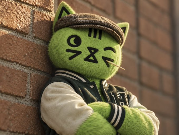 A fluffy green cat character with drawn-on cartoonish facial features wears a brown flat cap and a varsity jacket, holding a toothpick while leaning against a brick wall.