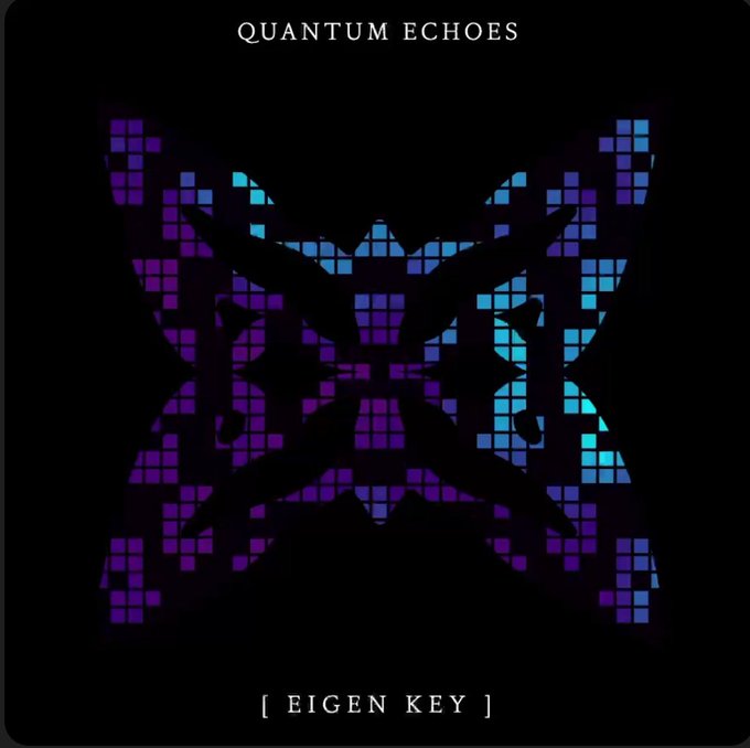 Album cover for "Quantum Echoes - [Eigen Key]" featuring a purple and cyan pixelated X or butterfly-shaped graphic against a black background.