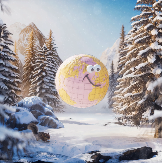 A whimsical winter scene featuring a cartoonish Earth character with googly eyes and a smile floating in a snowy forest landscape, with a small squirrel watching from the ground below.