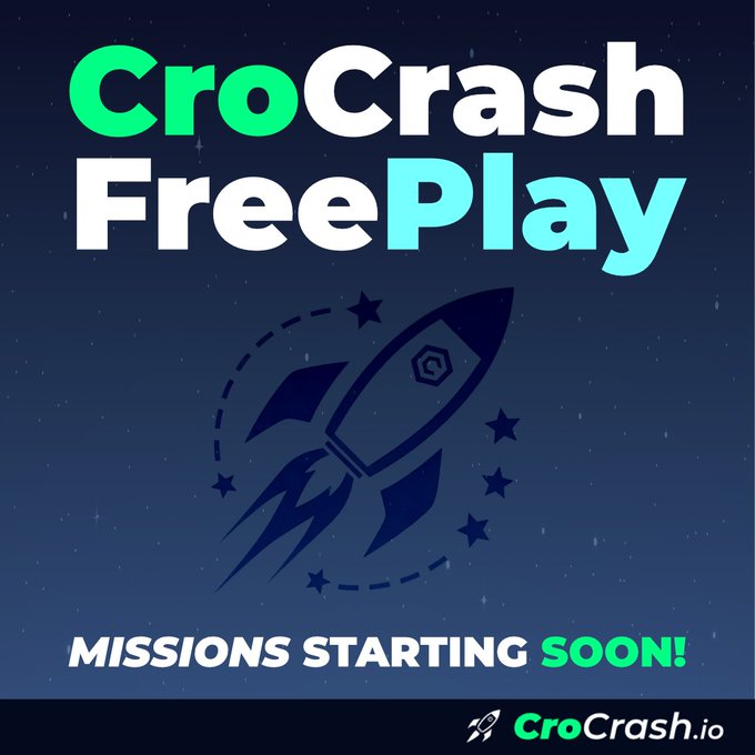 The image features a rocket ship with stars, which appears to be launching into space. The caption below the rocket reads "CroCrash FreePlay Missions Starting Soon", indicating that there are new missions available for players to engage in.
