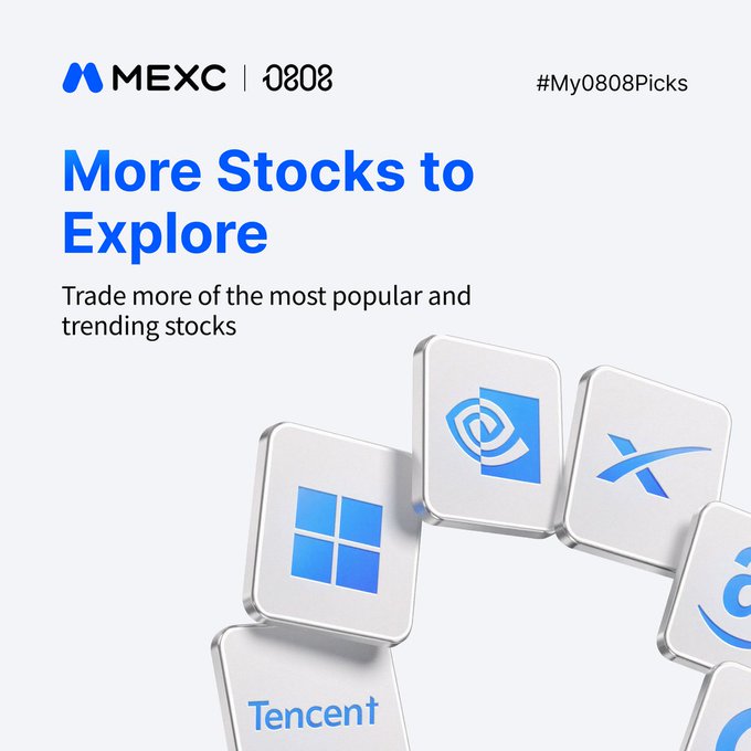 A MEXC | 0808 promotional graphic titled 'More Stocks to Explore' with the hashtag '#My0808Picks', showing stylized icons for Microsoft, Nvidia, X (Twitter), and Tencent.