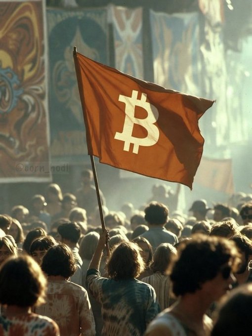 An image evoking 1960s-70s counterculture aesthetics, showing a person in a crowd waving an orange flag bearing the Bitcoin '₿' symbol, with faded tapestries in the background.