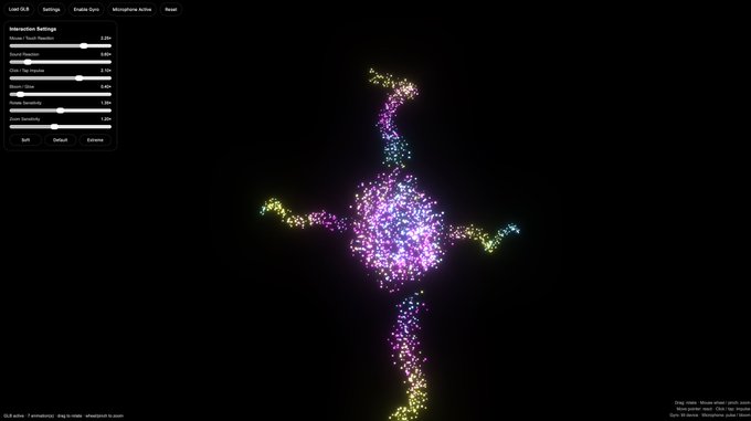 An interactive settings menu for a GLB animation displaying colorful particle effects forming a molecular or network-like structure on a black background.