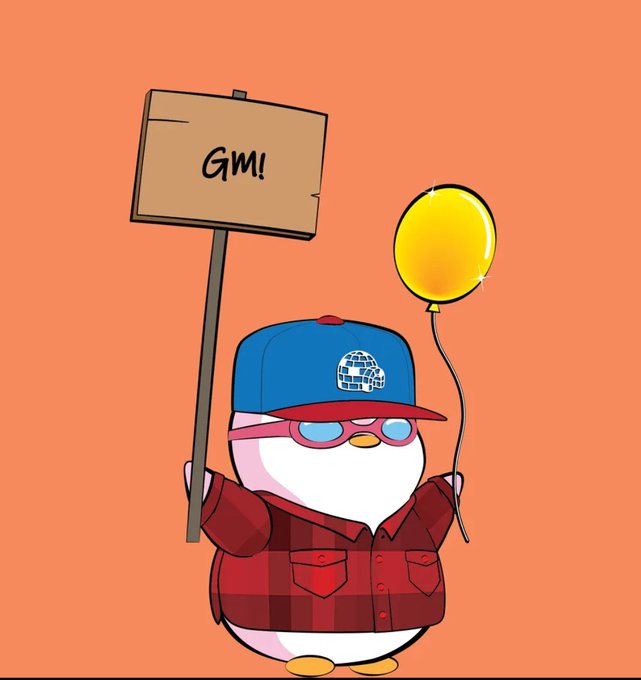 A cartoon penguin mascot wearing a blue cap, sunglasses, and red plaid jacket holds a 'GM!' sign and a yellow balloon against an orange background.