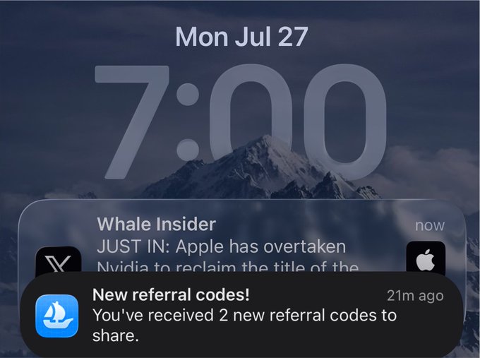 An iPhone lock screen dated 'Mon Jul 27' at 7:00 showing a Whale Insider notification about Apple overtaking Nvidia and a 'New referral codes!' notification from 21m ago.