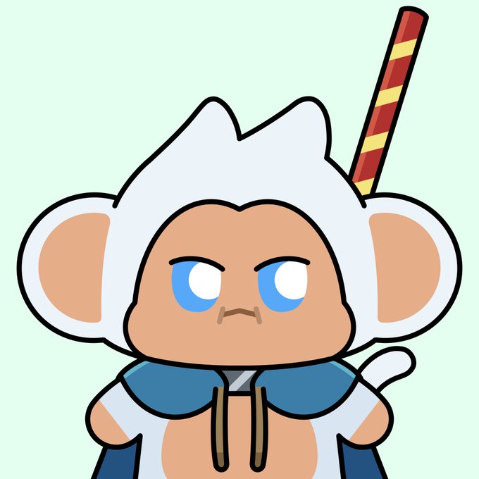 A chibi-style cartoon chimpanzee with a grumpy expression, blue eyes, and a red and yellow striped staff accessory stands against a mint green background, representing one of the limited Chimpers NFT collection characters. The illustration embodies the "Chimple" brand identity referenced in the post, showcasing the cute yet feisty aesthetic of the 5,555 Chimpers NFTs and the rarer 100 Genesis edition.