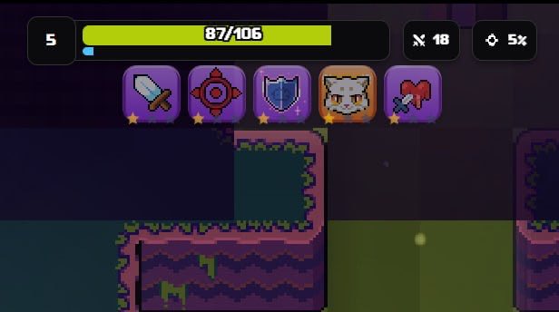 A pixel-art video game screenshot showing level 5 with an 87/106 progress bar, 18 sword icons, and 5x multiplier, featuring equipped items like a sword, shield, and cat face.