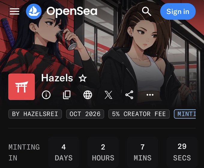 An OpenSea NFT collection page for 'Hazels' by hazelsrei, scheduled to mint in October 2026 with a 5% creator fee.