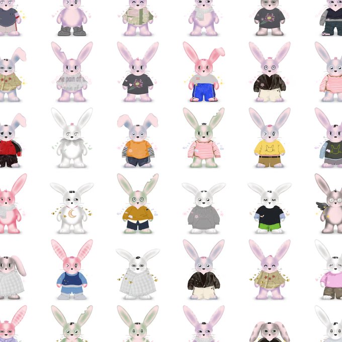 A grid pattern displays numerous cartoon rabbit characters in various outfits and pastel colors, with small text 'a part of' visible on one rabbit's shirt.