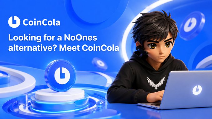 An advertisement for 'CoinCola' featuring an anime-style character at a laptop, with text reading 'Looking for a NoOnes alternative? Meet CoinCola'.