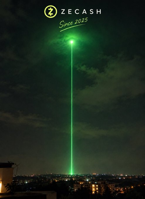A promotional image for 'ZECASH Since 2025' featuring a green laser beam shooting up into the night sky above a city skyline.