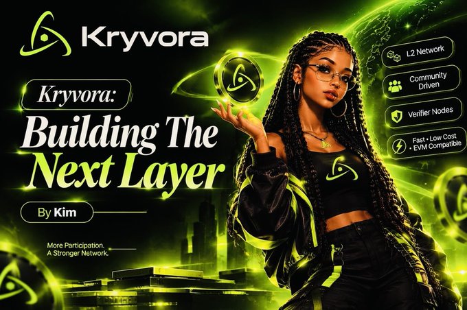 Promotional graphic for Kryvora blockchain featuring text 'Building The Next Layer,' 'By Kim,' 'More Participation, A Stronger Network,' and features like L2 Network, Community Driven, Verifier Nodes, and Fast-Low Cost EVM Compatible.