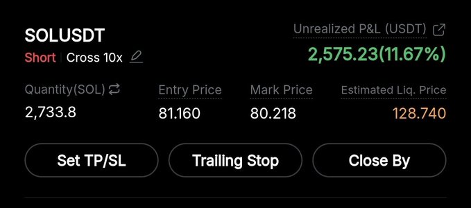 The image shows a futures trading position for **SOLUSDT (Short, Cross 10x)** with 2,733.8 SOL, an entry price of 81.160, a mark price of 80.218, an estimated liquidation price of 128.740, and an unrealized profit of **+2,575.23 USDT (11.67%)**. It illustrates the "$SOL profits in" post by displaying a currently profitable short position on Solana.