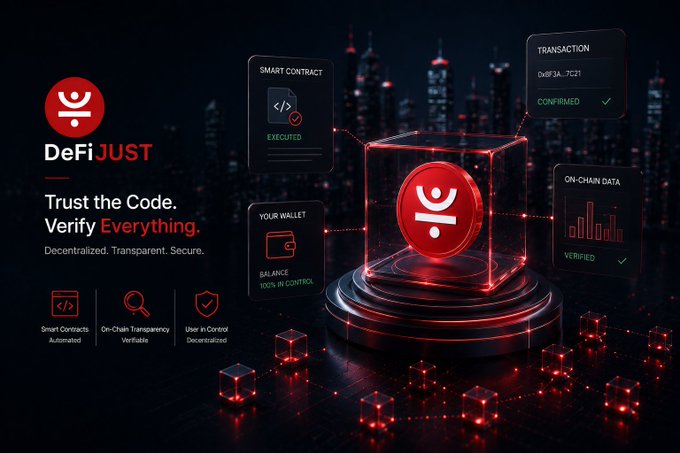 A promotional graphic for 'DeFiJUST' with the tagline 'Trust the Code. Verify Everything.' featuring a red glowing cube with a logo, surrounded by interface panels labeled 'SMART CONTRACT', 'TRANSACTION', 'YOUR WALLET', and 'ON-CHAIN DATA', set against a dark city skyline.