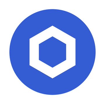 The image shows a blue circular logo containing a white hexagonal shape, resembling the Chainlink cryptocurrency logo.