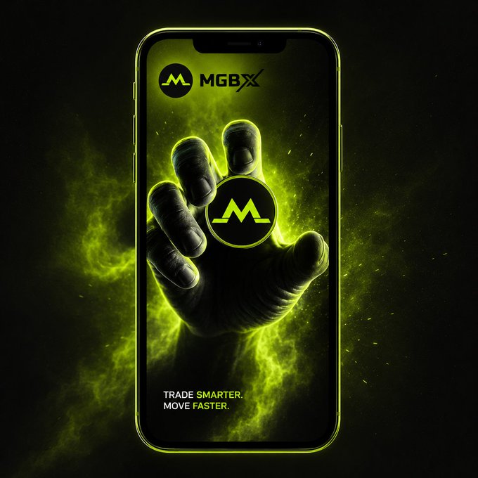 A digital advertisement for MGBX featuring a hand holding a coin with the MGBX logo surrounded by green flames on a smartphone screen, with the tagline 'TRADE SMARTER. MOVE FASTER.'