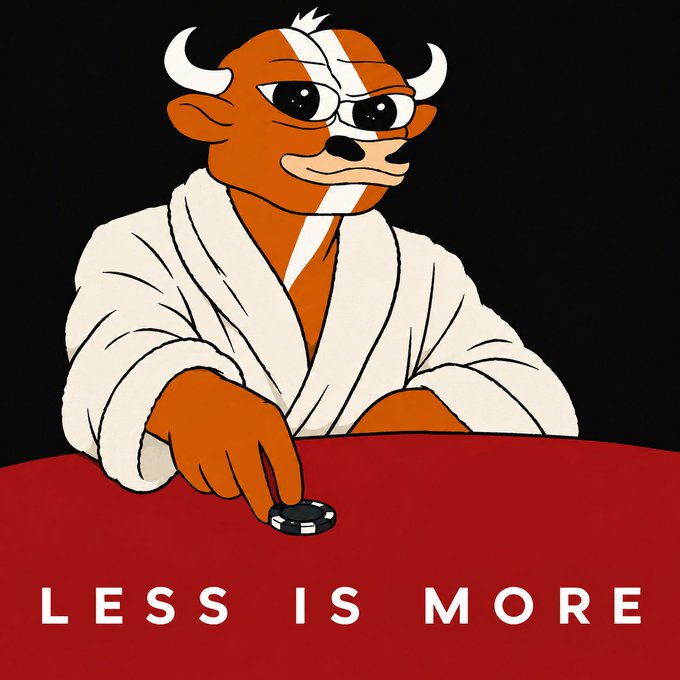A cartoon mascot of a brown bull with white horns and markings wearing a white robe, sitting at a red table and pushing a black poker chip, with the text 'LESS IS MORE' below.