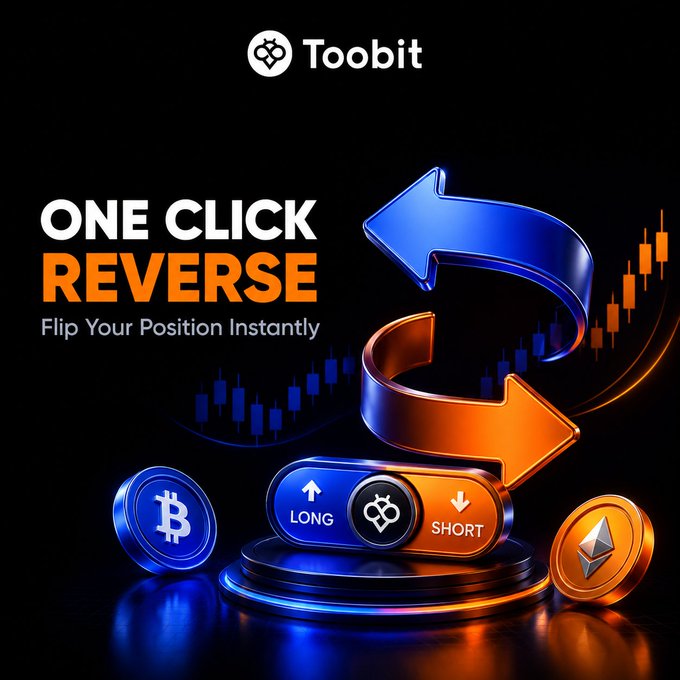 A promotional graphic for Toobit featuring the bold text "ONE CLICK REVERSE — Flip Your Position Instantly," accompanied by 3D blue and orange arrows, a LONG/SHORT toggle switch, and Bitcoin and Ethereum coins against a candlestick chart background. The image visually reinforces the post's message about effortlessly switching trading positions to respond quickly to market reversals.